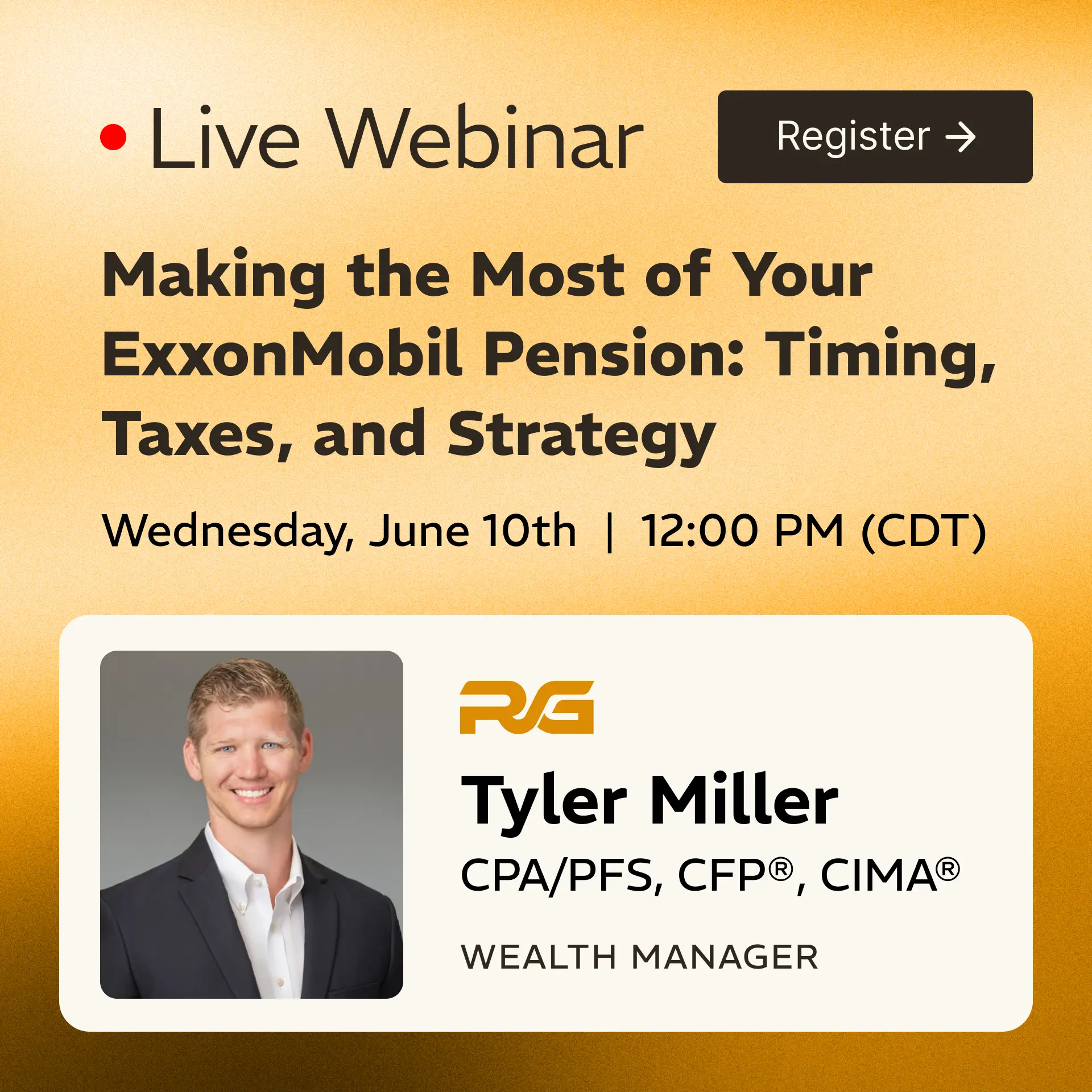 Hero banner for a live webinar titled 'Making the Most of Your ExxonMobil Pension: Timing, Taxes, and Strategy,' with a prominent Register button on a gold background.