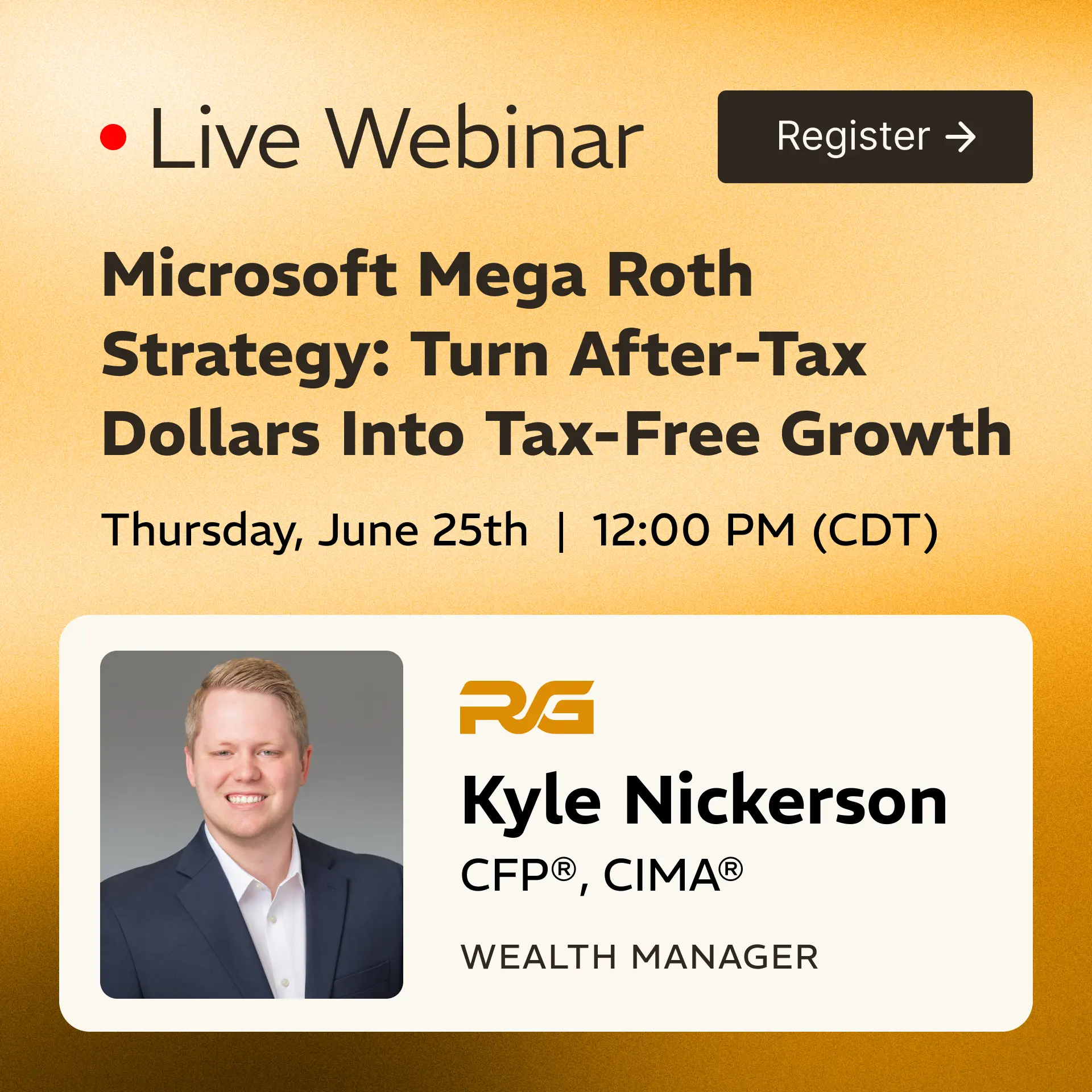 Webinar promotional banner: orange background, 'Live Webinar', a dark 'Register' button, and a speaker card featuring Kyle Nickerson on the left.