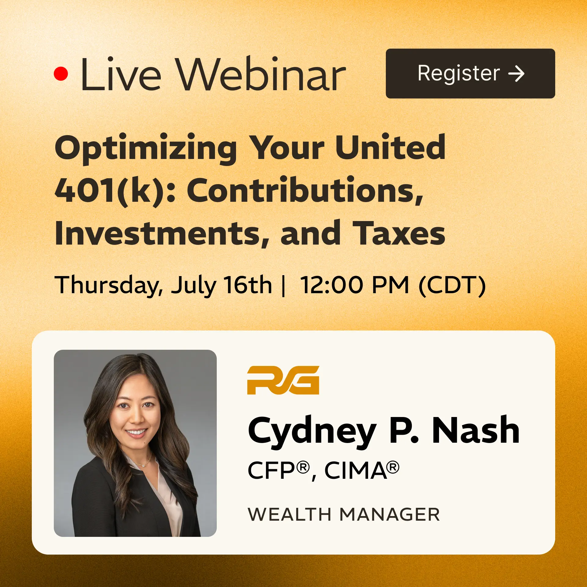 Live Webinar hero: orange background, bold title and a black Register button on the right; topic about 401(k) contributions and taxes beyond the hero text.