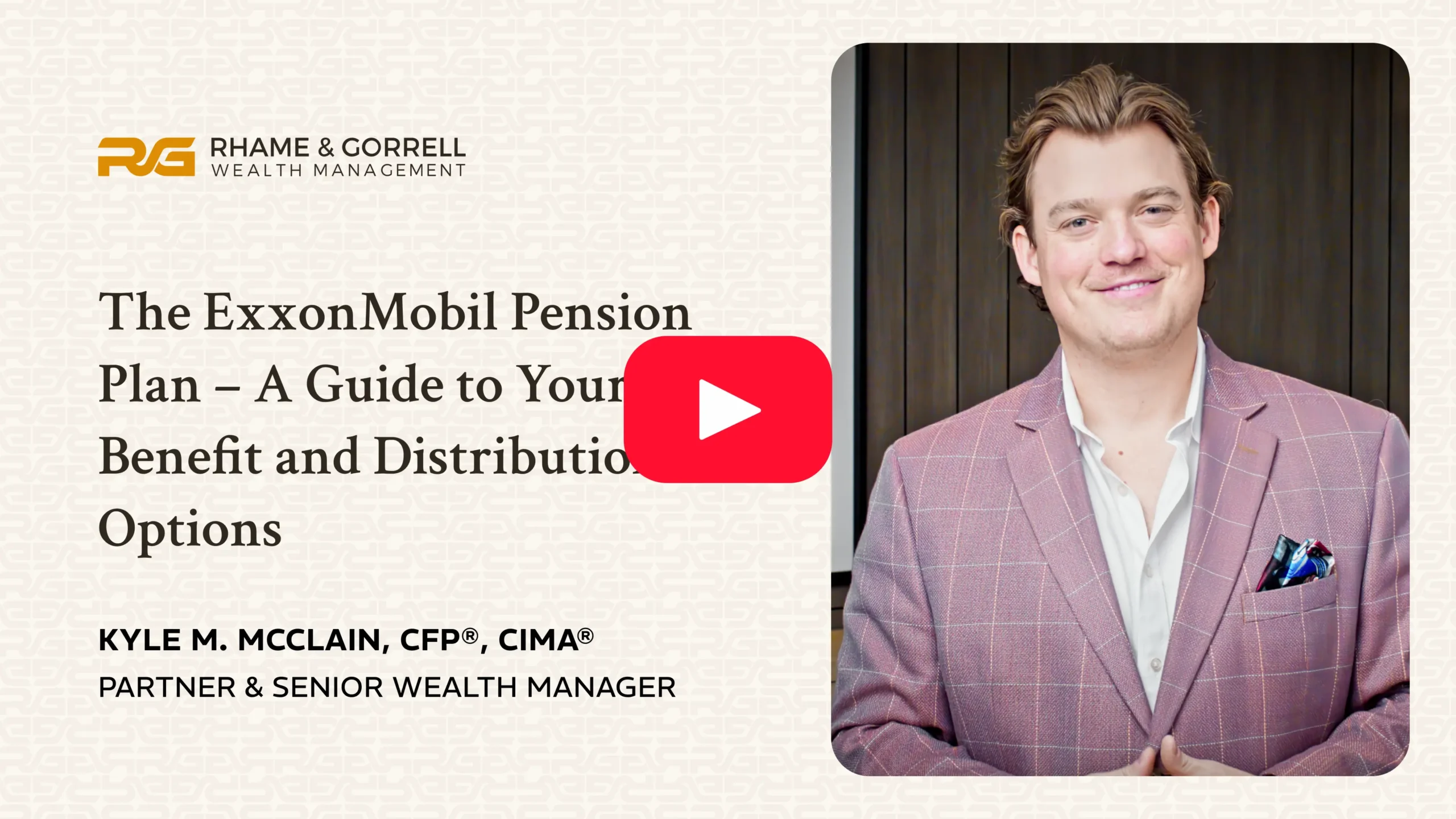 Video thumbnail for The ExxonMobil Pension Plan: A Guide to Your Benefit and Distribution Options; smiling man in a pink checkered suit with a red play button overlay.