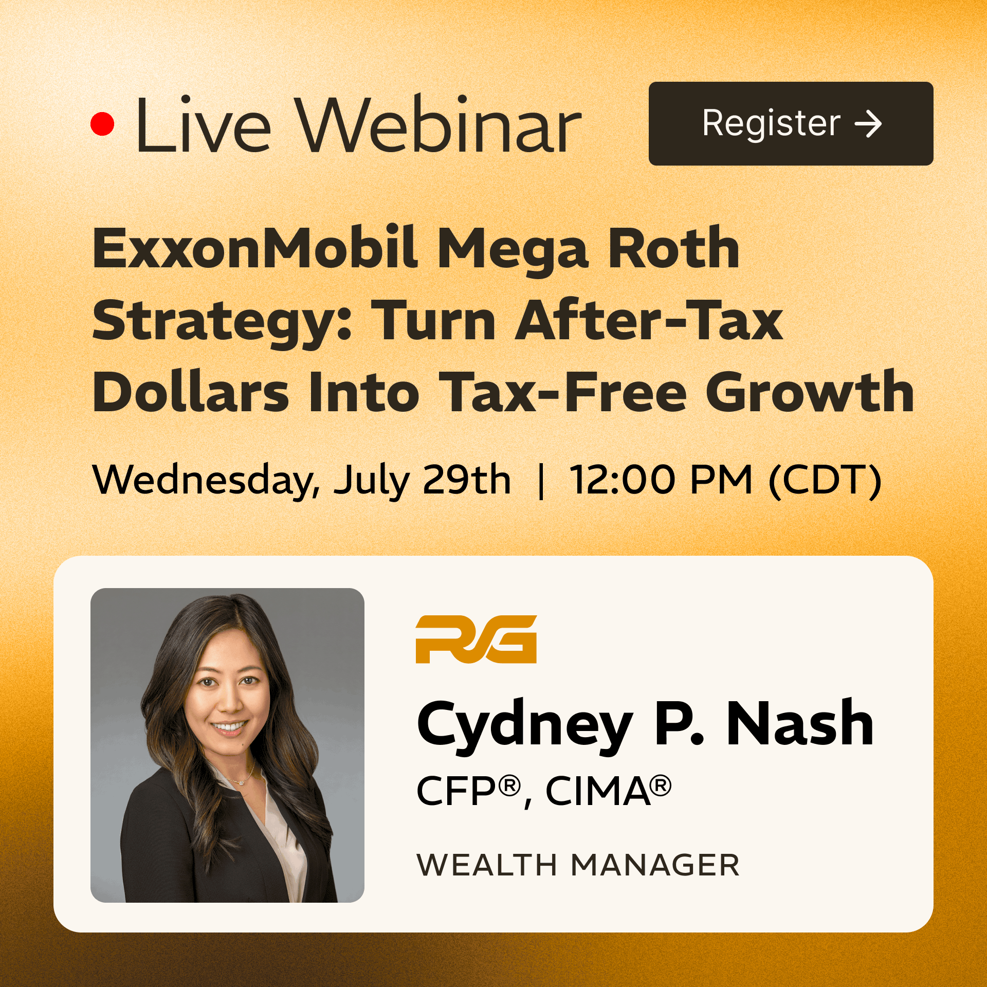 Hero section with an orange textured background, large 'Live Webinar' headline, a dark rounded 'Register' button, and a speaker portrait card below.