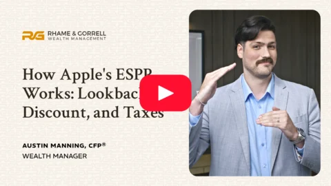How Apples ESPP Works_ Lookback Discount and Taxes | Rhame & Gorrell Wealth Management Video thumbnail: man in a suit gesturing beside the title 'How Apple's ESPP Works: Lookback Discount, and Taxes' with Rhame & Gorrell Wealth Management logo and a red Play button.