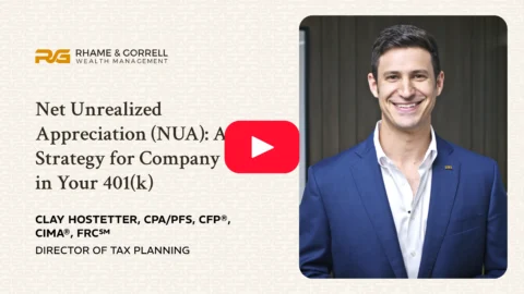 Video thumbnail: logo of Rhame & Gorrell Wealth Management, bold article title about Net Unrealized Appreciation (NUA) in a 401(k) plan, with a smiling adviser on the right and a red play button overlay