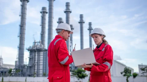 Two industrial workers in red coveralls and white hard hats review documents on a clipboard at an outdoor plant with tall processing towers in the background.